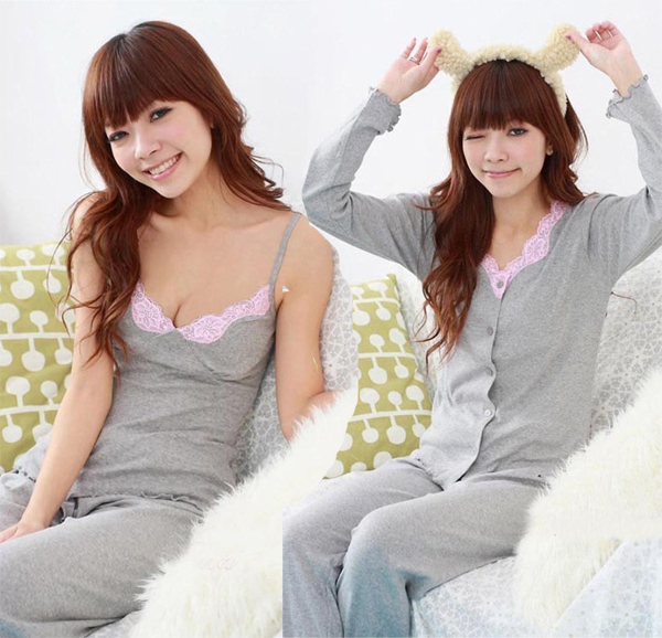 Spring and autumn thin women's long-sleeve 100% cotton sleepwear lace casual three-piece set of underwear underpants and lounge