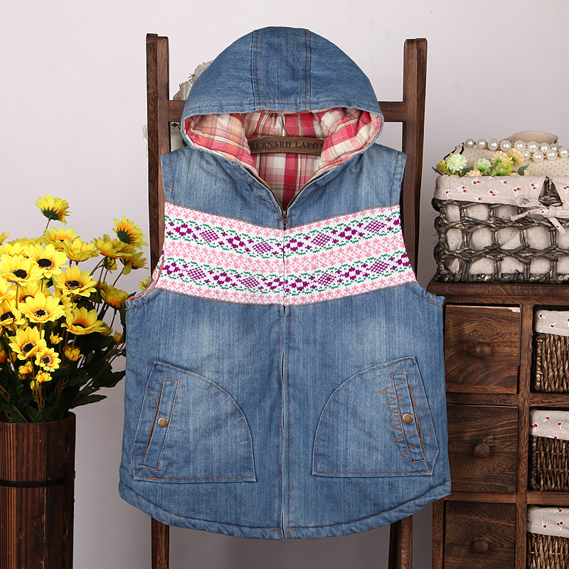 Spring and autumn vest yarn patchwork national trend kaross with a hood thickening denim vest wadded jacket vest