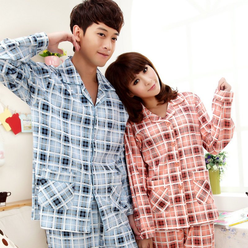 Spring and autumn winter lovers sleepwear lovers plaid long-sleeve pure cotton male women's lounge set