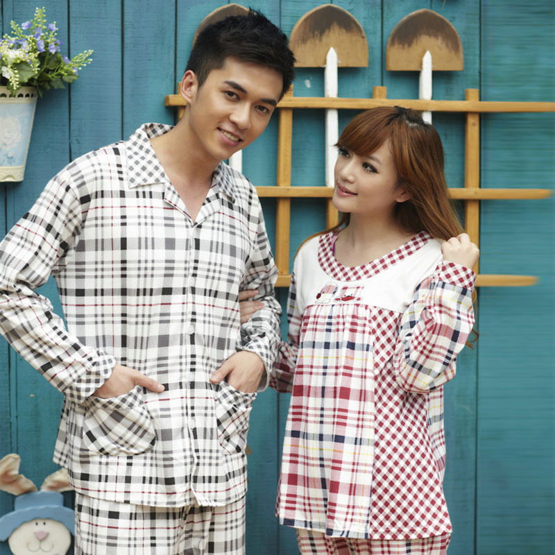 Spring and autumn winter style plaid long-sleeve pure cotton male women's cardigan lovers sleepwear lounge