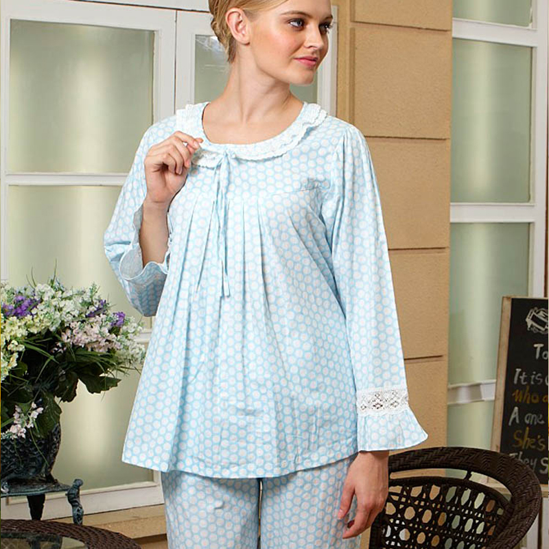 Spring and autumn women's cotton sleepwear long-sleeve set blue fresh polka dot lounge 5364