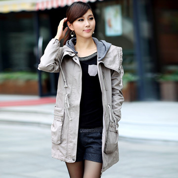 Spring and autumn women's fashion casual all-match hooded drawstring medium-long outerwear solid color women's trench