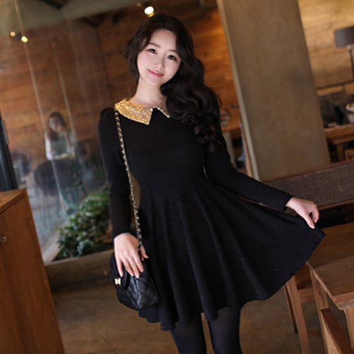 Spring and autumn women's gentlewomen elegant paillette patchwork peter pan collar long-sleeve sexy one-piece dress