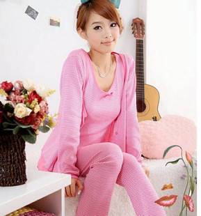 Spring and autumn women's knitted 100% cotton sleepwear stripe long-sleeve piece set lounge set