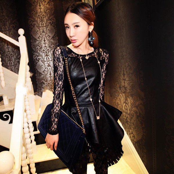 Spring and autumn women's lace patchwork leather slim long-sleeve dress basic spring top