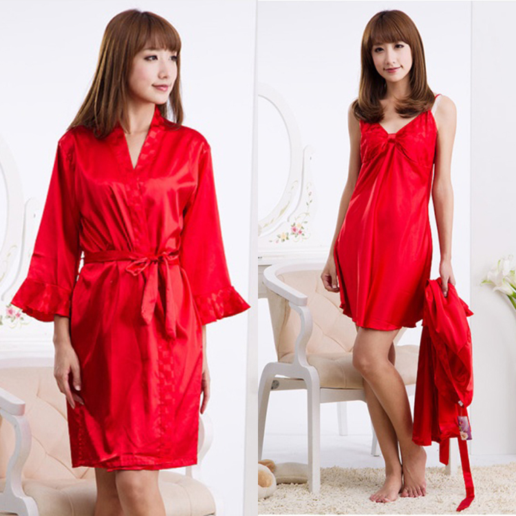 Spring and autumn women's long-sleeve faux silk robe twinset spaghetti strap nightgown bride bathrobe thin summer sleepwear