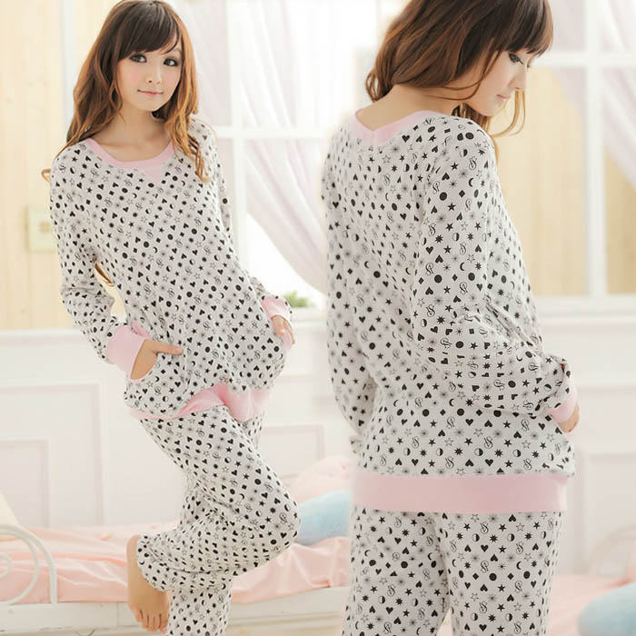 Spring and autumn women's long-sleeve poker pattern autumn and winter women's o-neck 100% cotton thickening lounge sleepwear