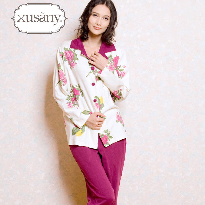 Spring and autumn women's sleepwear 100% cotton set turn-down collar rose print long-sleeve autumn and winter female lounge