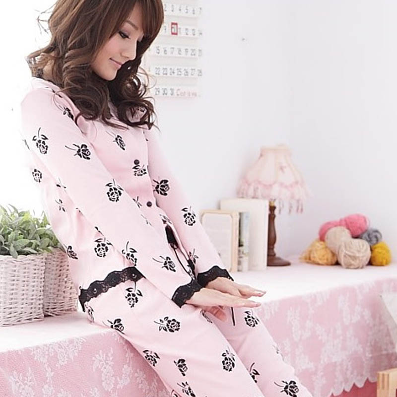 Spring and autumn women's sleepwear knitted cotton lounge pink flower long-sleeve spaghetti strap three pieces set at home