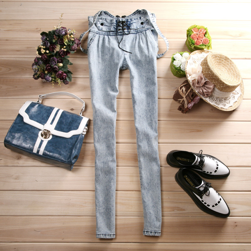 Spring and autumn women's slim stovepipe skinny pants pencil pants elastic suspenders jeans trousers