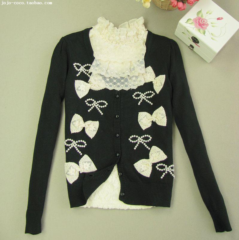 Spring and autumn women's spring 2013 black lace bow pearl beading cardigan sweater thin small