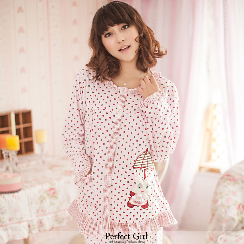 Spring and autumn women's sweet long-sleeve sleepwear cotton sleepwear polka dot lounge twinset set