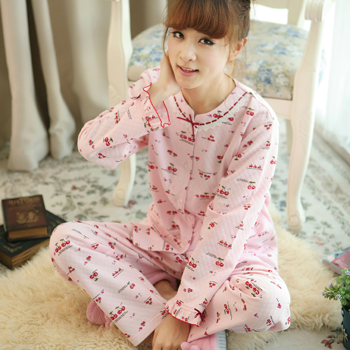 Spring and autumn women's thick beautiful air layer 100% cotton sleep set of clothes