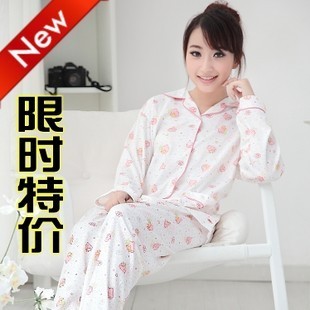 Spring and summer 100% cotton small strawberry women's turn-down collar sleepwear long-sleeve sleep set lounge