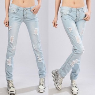 Spring and summer 2012 new Korean style denim pant feet show Thin fashion hole pencil pants trousers  Free Shipping