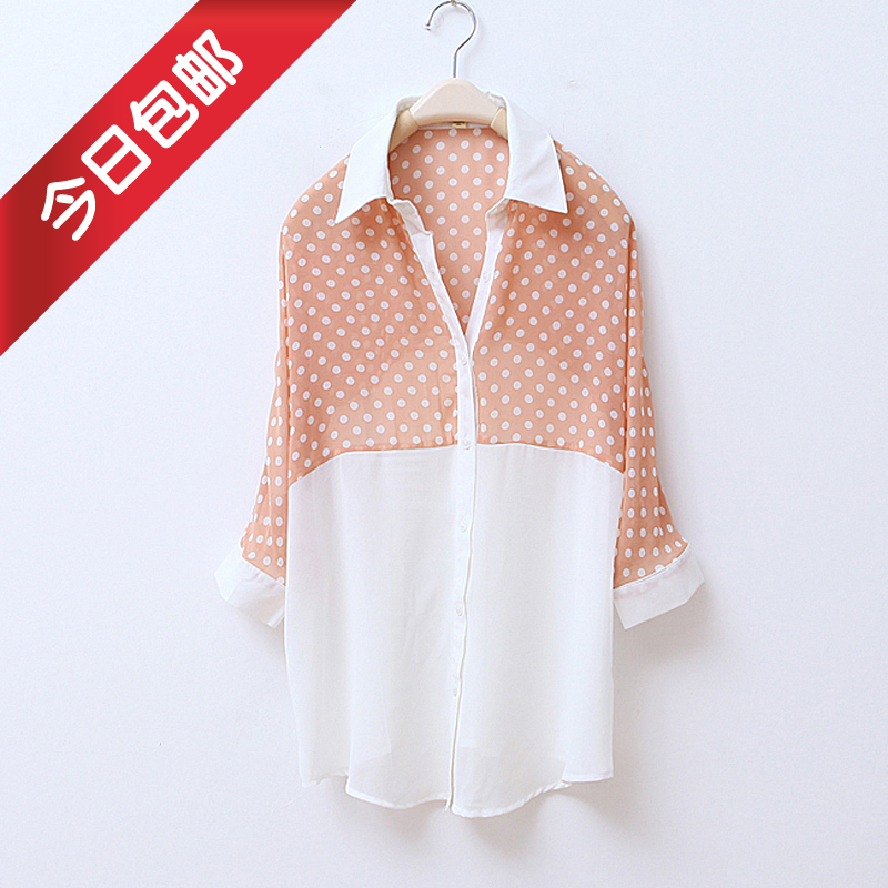 Spring and summer 2012 women's polka dot turn-down collar batwing shirt three quarter sleeve chiffon shirt wc1092