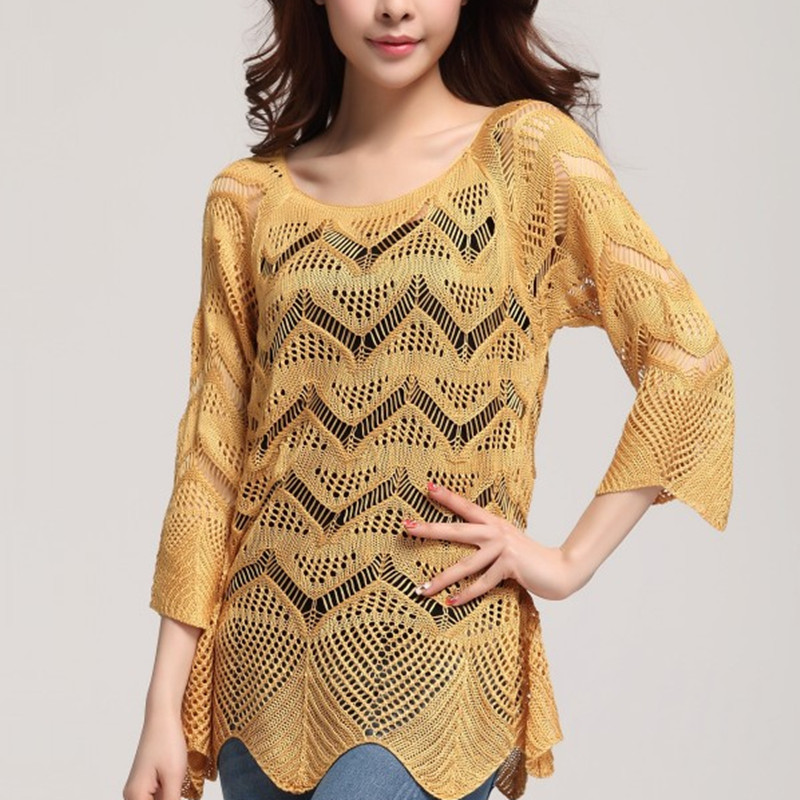 Spring and summer 2013 cutout sweater solid color o-neck pullover outerwear thin three quarter sleeve sweet women's