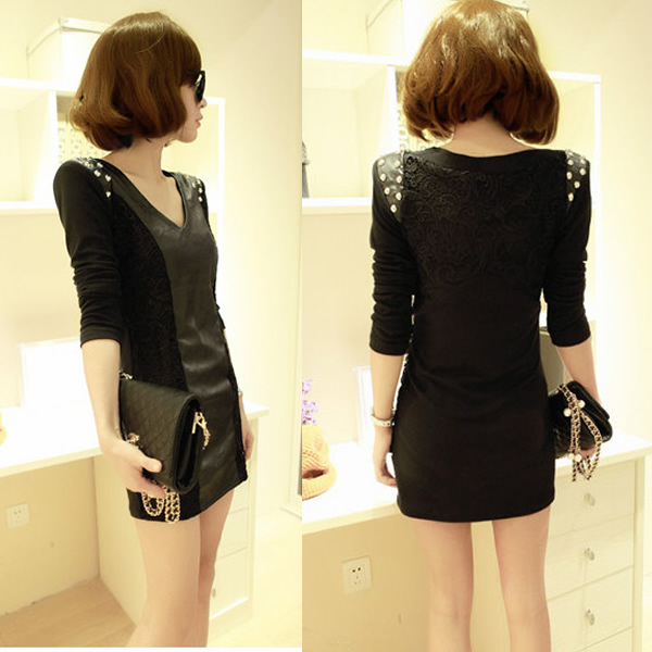 Spring and summer 2013 dress sexy slim hip leather skirt beading long-sleeve spring one-piece dress