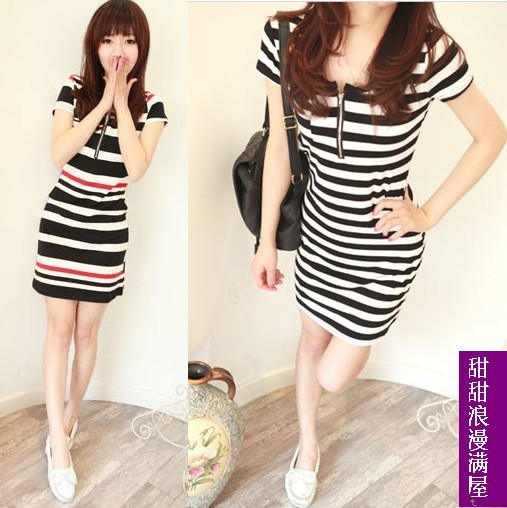 Spring and summer 2013 new Women Korean version of sweet College Wind Slim zipper striped short-sleeved dress Free shipping