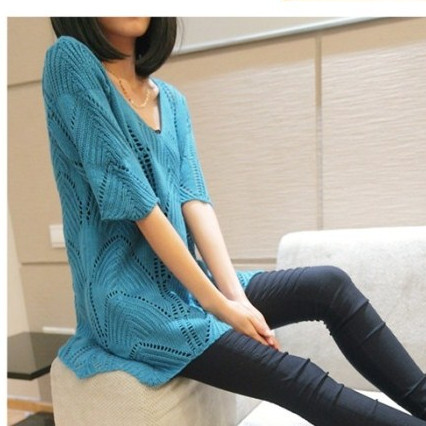 Spring and summer 2013 V-neck medium-long loose sweater cutout sweater dress half sleeve solid color women's