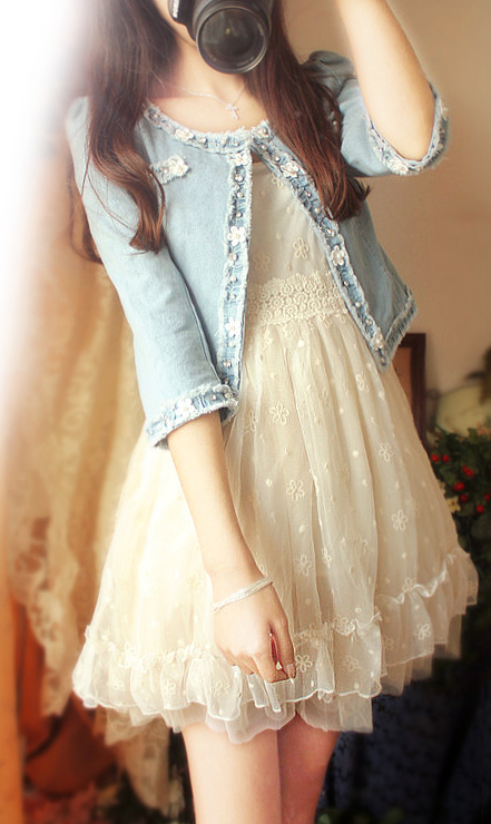 Spring and summer elegant small rhinestone flower beads denim shorts coat outerwear