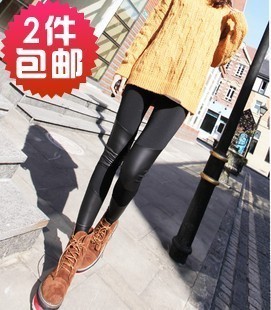 Spring and summer fashion faux leather patchwork legging female plus size legging lengthen ankle length trousers