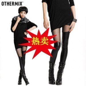 Spring and summer female 2011 legging faux leather gauze patchwork ankle length trousers fashion trousers tight hole