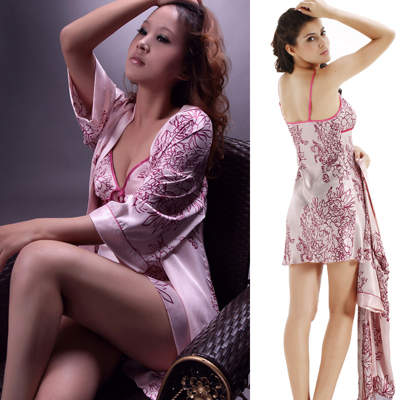 Spring and summer female silk sleepwear sexy temptation spaghetti strap nightgown robe twinset plus size lounge 12