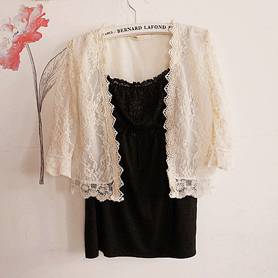 Spring and summer lace chiffon outerwear cardigan women's three quarter sleeve short design cape shayi crochet shirt