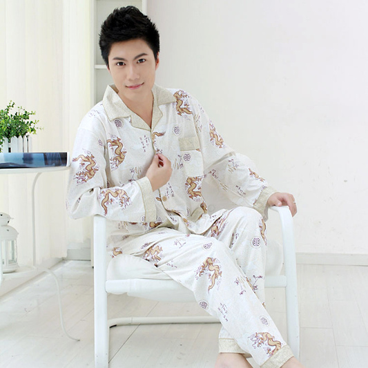 Spring and summer long-sleeve turn-down collar fresh men's male sleepwear 100% cotton 100% cotton set at home service