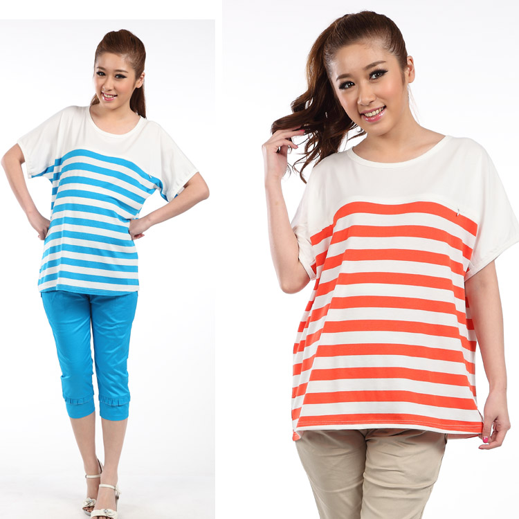 spring and summer maternity clothing batwing sleeve loose plus size stripe t-shirt maternity top nursing clothing Cotton Tees