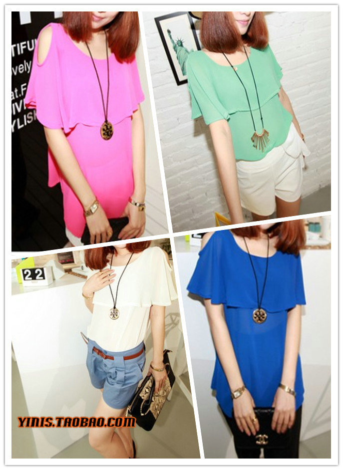 Spring and summer new arrival all-match candy color solid color strapless short-sleeve chiffon shirt chiffon shirt t-shirt