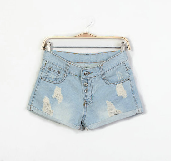 Spring and summer new arrival light color buttons denim shorts female loose hole roll up hem shorts