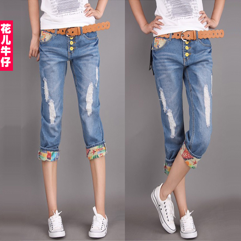 Spring and summer plus size casual hole distrressed capris denim breeched women's pants roll up hem trousers skull