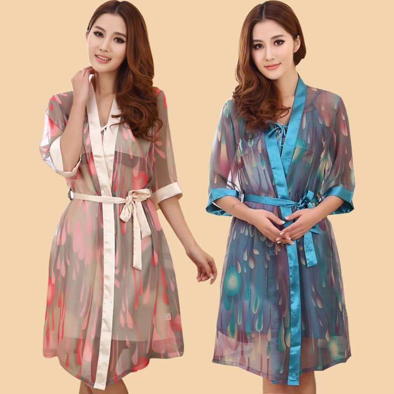 Spring and summer sexy chiffon long-sleeve robe bathrobes faux silk sleepwear spaghetti strap nightgown lounge twinset pajamas