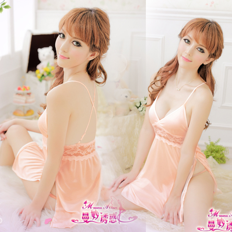 Spring and summer transparent sexy spaghetti strap nightgown spaghetti strap lace sleepwear faux silk twinset temptation