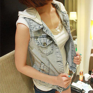 Spring and summer water wash white sleeveless with a hood vest outerwear fashionable denim vest female slim vest female