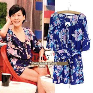 Spring and summer women's fashion flower pattern blue short-sleeve jumpsuit 3085