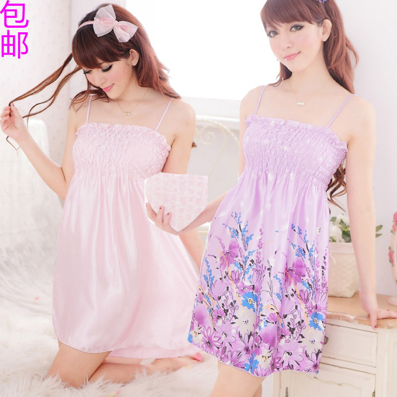 Spring and summer women's faux silk sexy nightgown silks and satins print suspender skirt lilac cute sleepwear TX