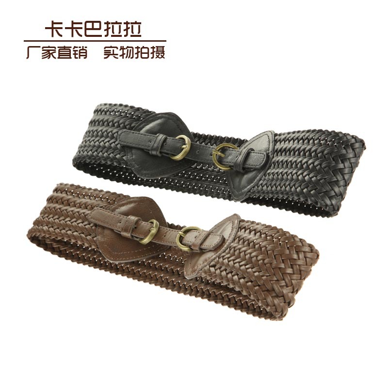 Spring and summer women's leather fashion knitted adjustable double buckles wide belt cummerbund