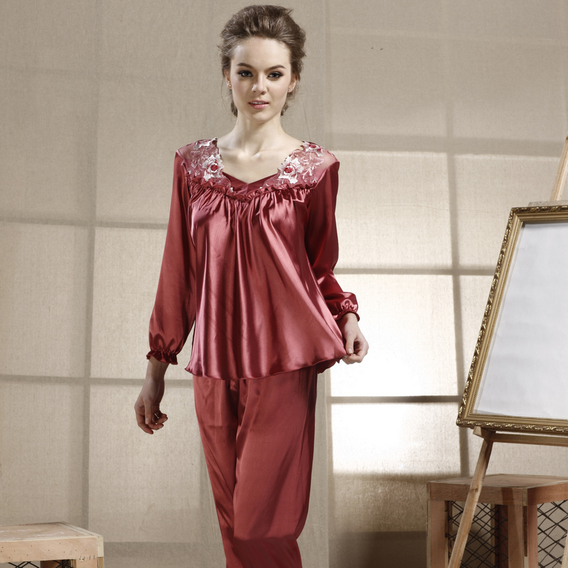 Spring and summer women's long-sleeve silk faux silk sleepwear twinset lounge 8019