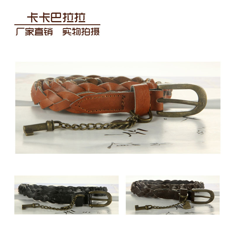 Spring and summer women's love key chain hangings vintage buckle knitted leather thin belt strap