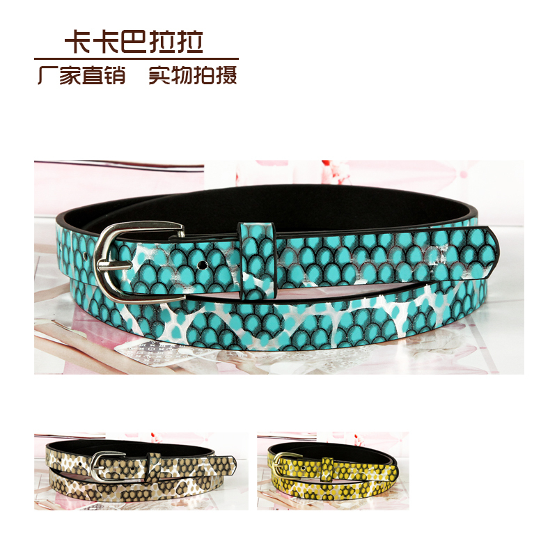 Spring and summer women's serpentine pattern scales candy color japanned leather mirror leather thin belt strap