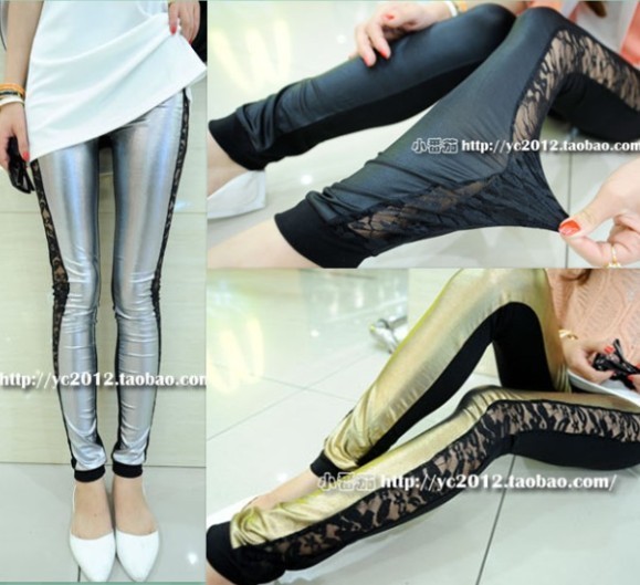 spring autumn ultra-large elastic pants lace patchwork tights slim all-match leather legging trousers