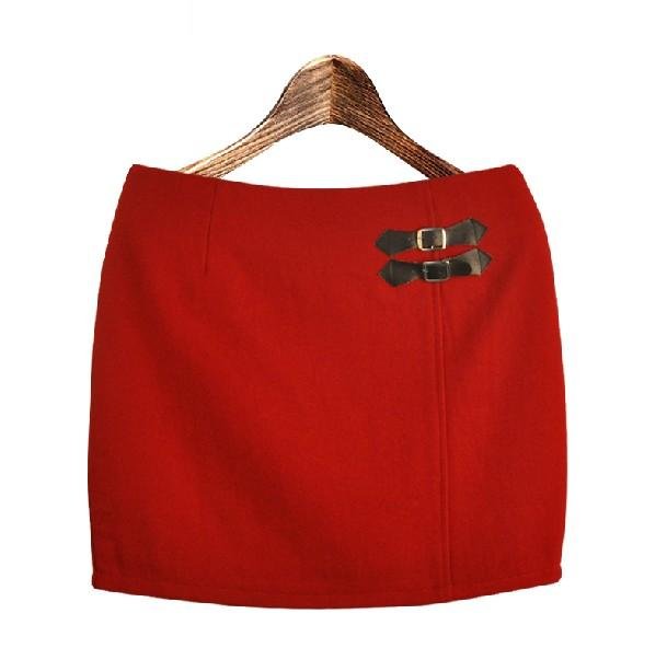 Spring/Autumn/Winter new arrival woolen blends slim hips basic short skirt with leather button decoration/black grey red,C144