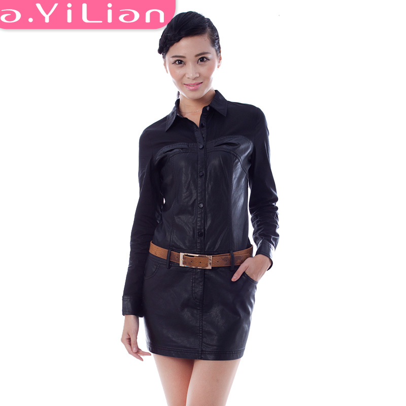 Spring AYILIAN women's female shirt collar leather qd23285027 one-piece dress