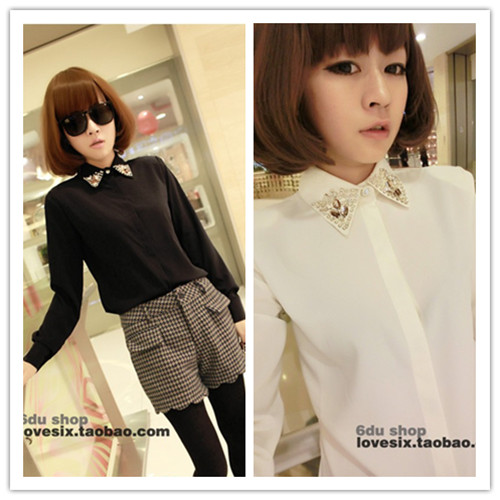 Spring beading rhinestone collar chiffon basic shirt vintage shoulder pads long-sleeve shirt casual female shirt top