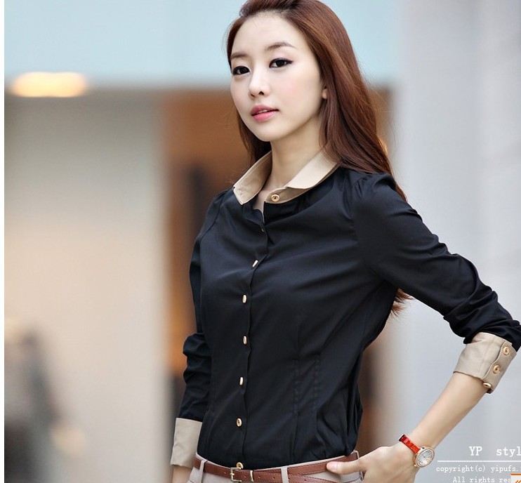 Spring bow color block decoration turn-down collar slim shirt plus size women's long-sleeve shirt