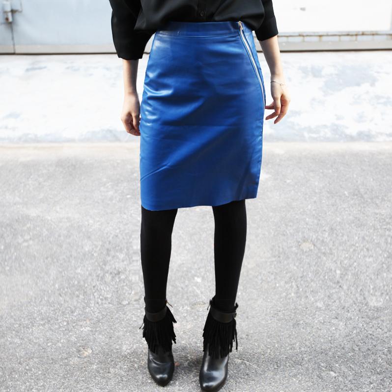 Spring brief blue tight-fitting slim high waist hip PU small leather skirt bust skirt