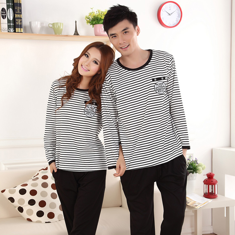 Spring casual 100% cotton sleepwear twinset lounge black stripe long-sleeve lovers at home Free delivery